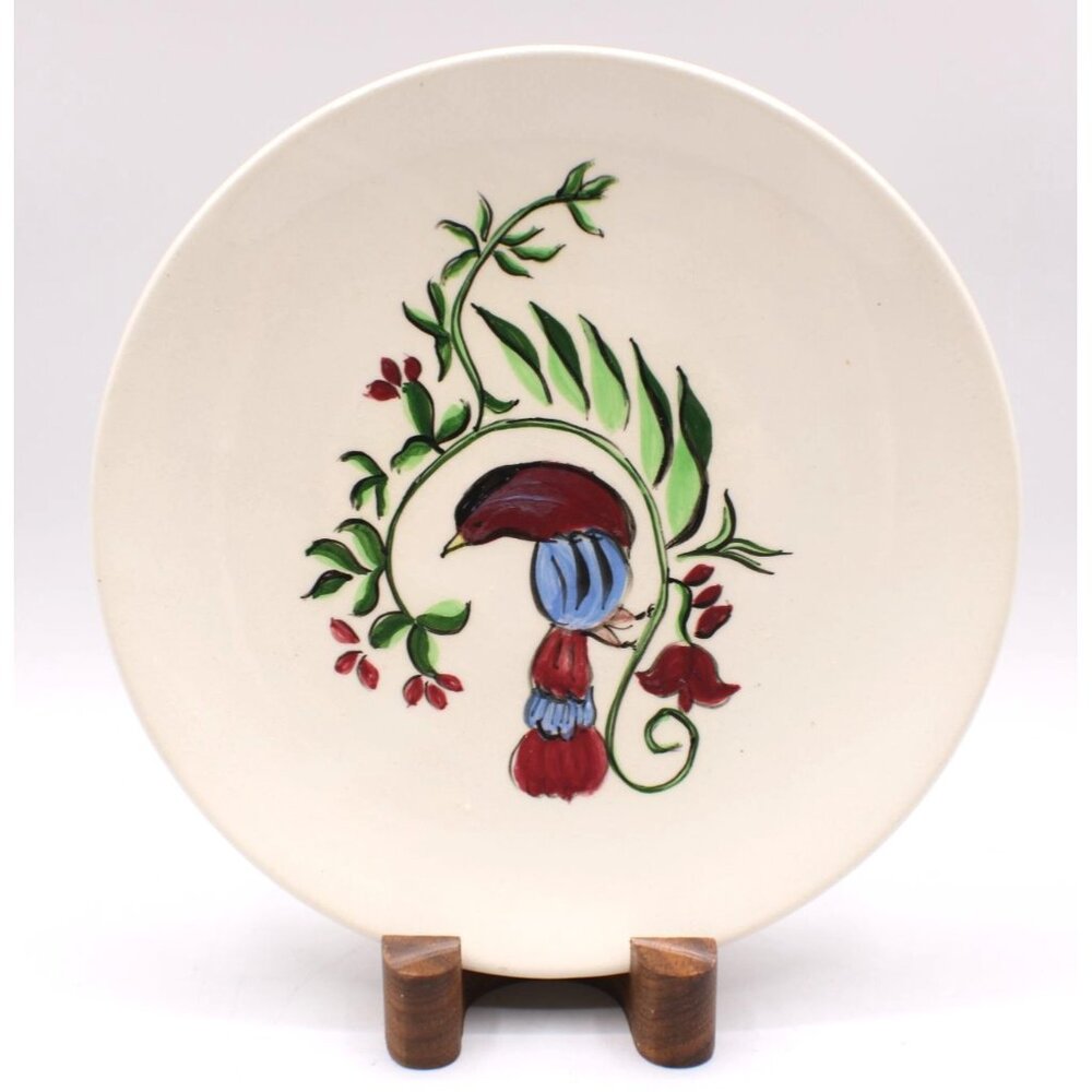 Vintage Hand-Painted Ceramic Plate Bird & Foliage Design 6.5" Salad Plate Signed